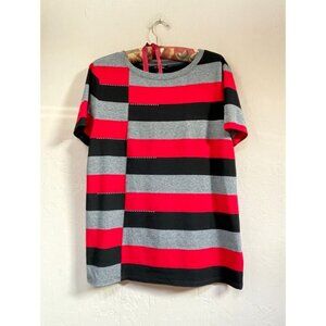 St. John Womens P/S Round Neck Short Sleeve Striped Tunic Top Gray Red Black